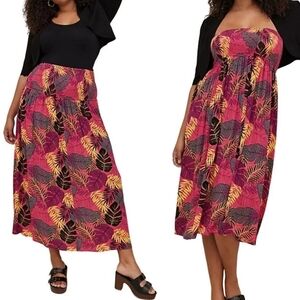 Torrid Pink Tropical Palm Convertible Smocked Strapless Midi Dress Or Maxi Skirt